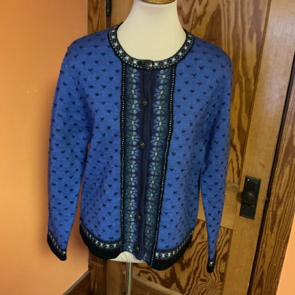 Vintage Blue Nordic Cardigan Oversized Fair Isle Sweater Cozy Cottagecore - Picture 4 of 10